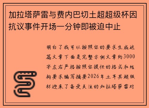 加拉塔萨雷与费内巴切土超超级杯因抗议事件开场一分钟即被迫中止 加拉塔萨雷与费内巴切土超超级杯因抗议事件开场一分钟即被迫中止